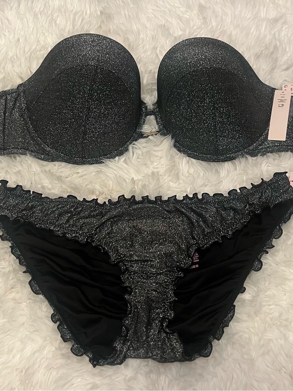 NWT Victoria's Secret Shimmery Black Strapless/Halter Bra & Ruffle Bikini Set